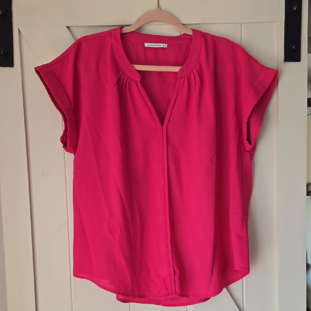 Staccato Hot Pink Split V-Neck Cap Sleeve Blouse